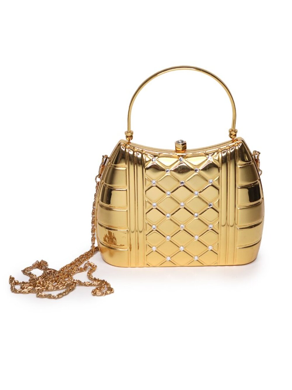 Vintage Gold Hard Shell Rhinestone Evening Bag Metal Box Clutch Crossbody Purse